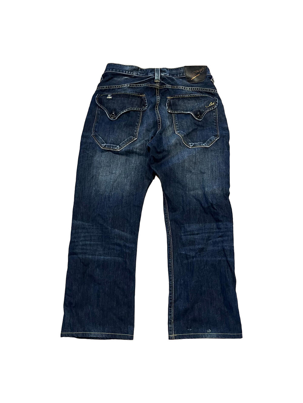 Ed Hardy Jeans Mens 34x32 Blue Whiskered Distressed Denim Button Fly Flap Pocket